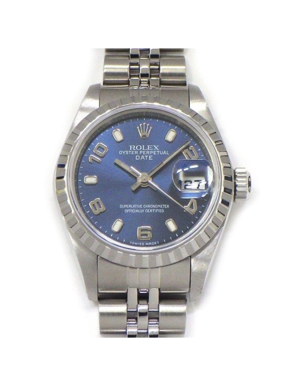Rolex Watch Oyster Perpetual Sunray Blue Dial Date Luminous Hands Index 18k